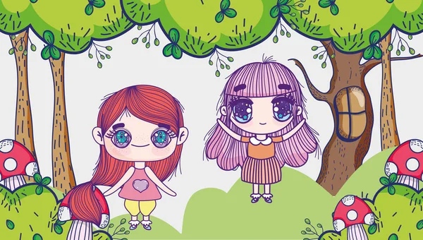 Ungar, små flickor anime tecknad skog träd gräs svamp — Stock vektor