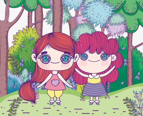 Niños, niñas lindas animan dibujos animados de pie en la pradera de los árboles forestales. — Archivo Imágenes Vectoriales