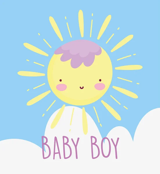 Boy or girl, gender reveal funny sun cartoon cloud card. — Vector de stock