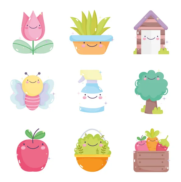 Kawaii gardening cartoon characters tools collection — Image vectorielle