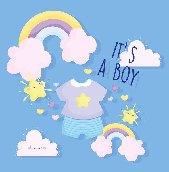 Chłopiec lub dziewczyna, płeć ujawnić jego chłopiec ubrania tęcza chmury gwiazdy karty — Wektor stockowy