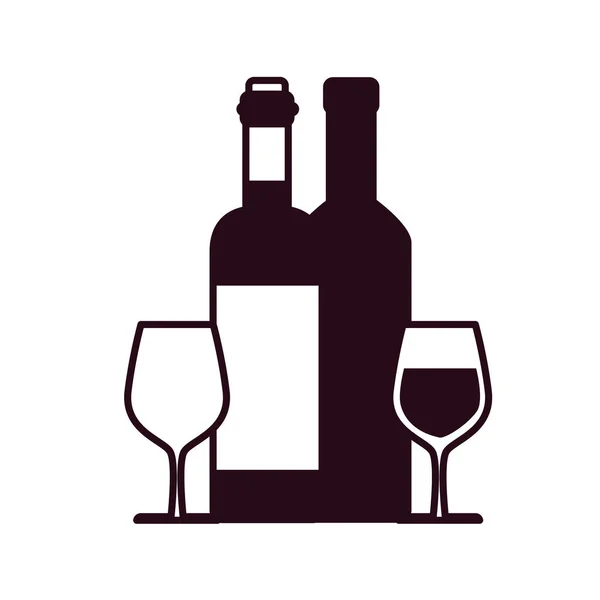 Botella de vino con el icono de la línea de bloques de vasos. — Vector de stock