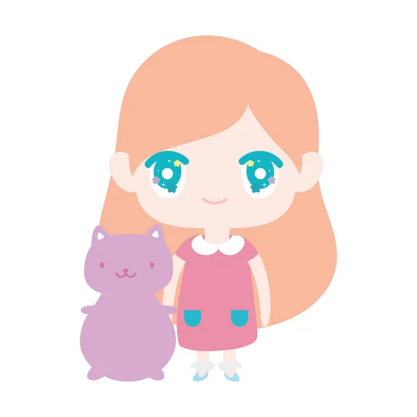 Kids, cute little girl anime cartoon with cute cat — Stockvector