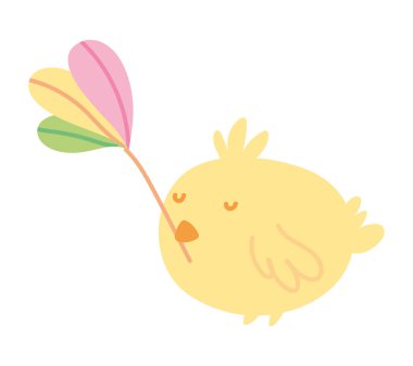 cute little chicken cartoon with flower in beak