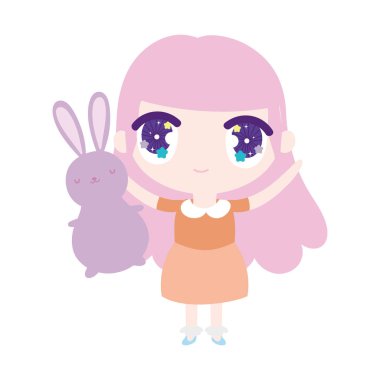 kids, cute little girl anime cartoon holding fluffy bunny