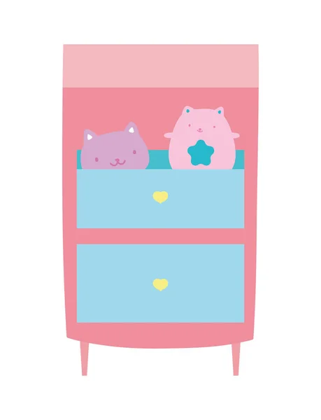 Wooden drawers with toys cats on white background — Stockvektor