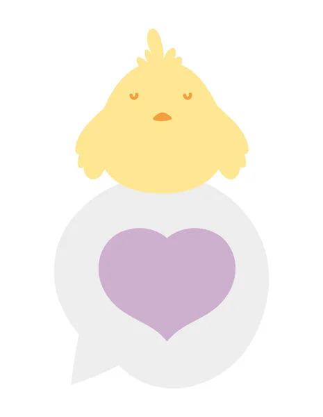 Cute little chicken cartoon on love speech bubble heart — ストックベクタ