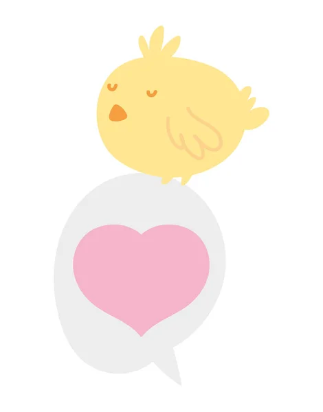 Cute little chicken cartoon on love speech bubble heart — 图库矢量图片