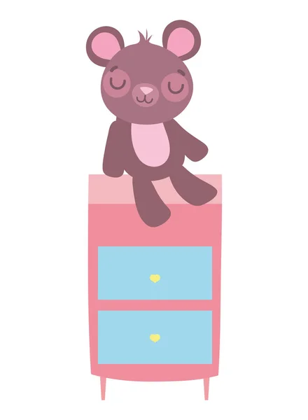 Cute teddy bear sitting on drawers furniture — Stock Vector