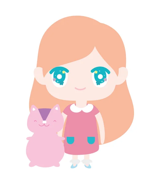 Kids, cute little girl anime cartoon and cute squirrel — Stockvector