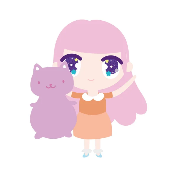 Kids, cute little girl anime cartoon with cute cat — 图库矢量图片