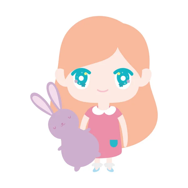 Kids, cute little girl anime cartoon holding bunny — Image vectorielle