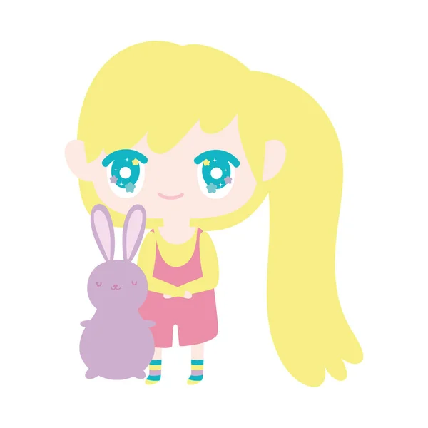 Kids, cute little girl anime cartoon with bunny — Vector de stock