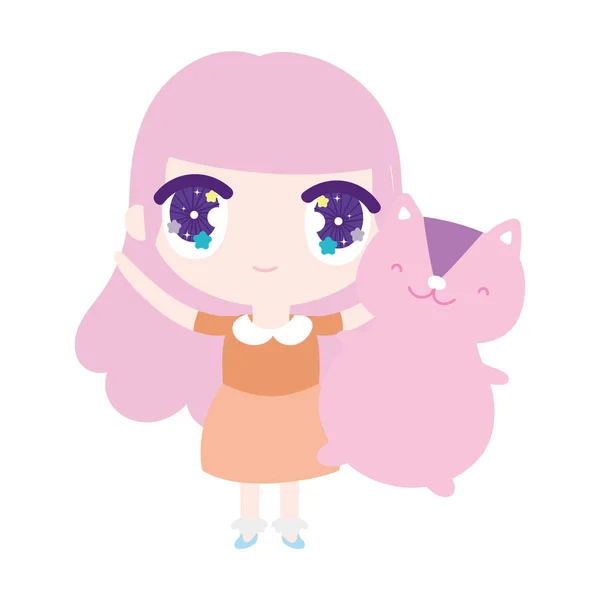 Kids, cute little girl anime cartoon and cute cat — ストックベクタ