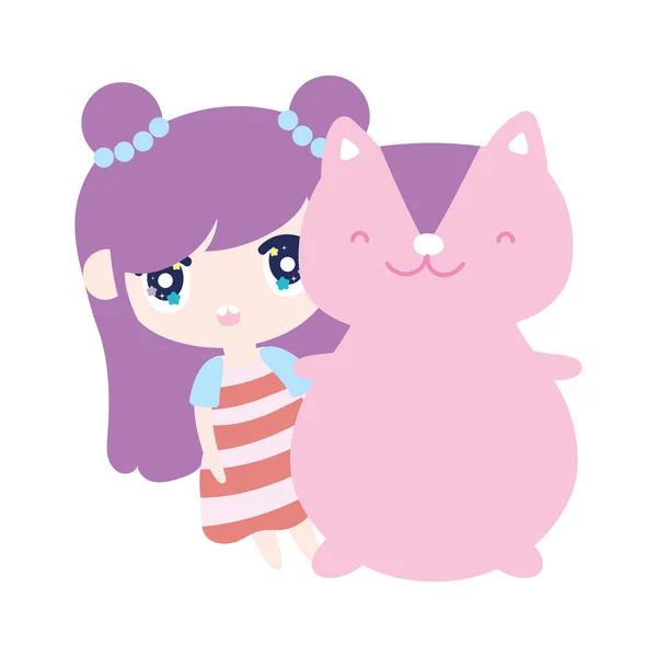 Kids, cute little girl anime cartoon and cute squirrel — Stok Vektör