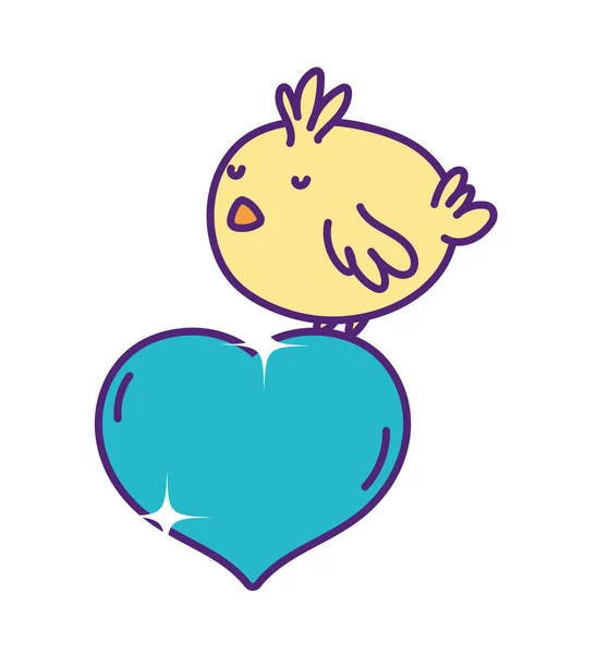 Cute little chicken cartoon on love heart — Stock vektor