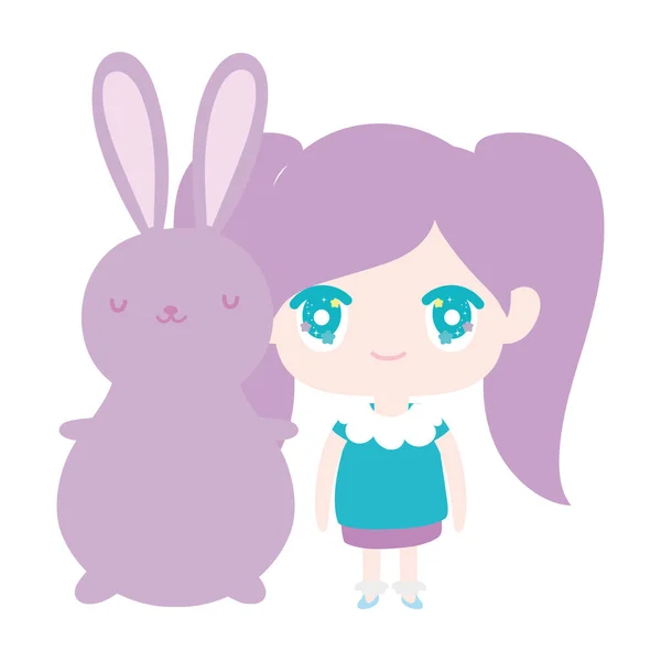 Kids, cute little girl anime cartoon bunny — Stockvector