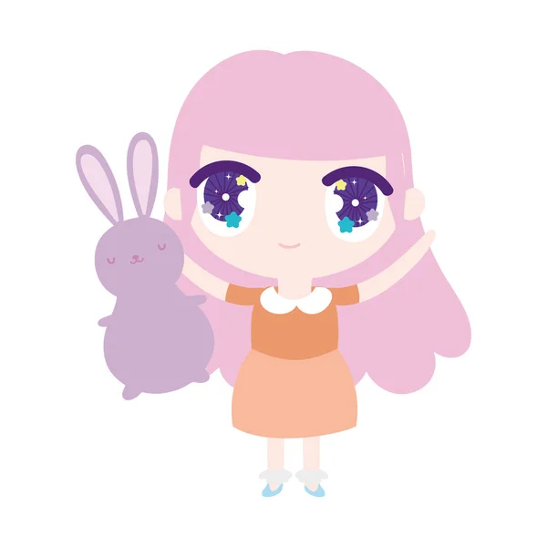 Kids, cute little girl anime cartoon holding fluffy bunny — Wektor stockowy