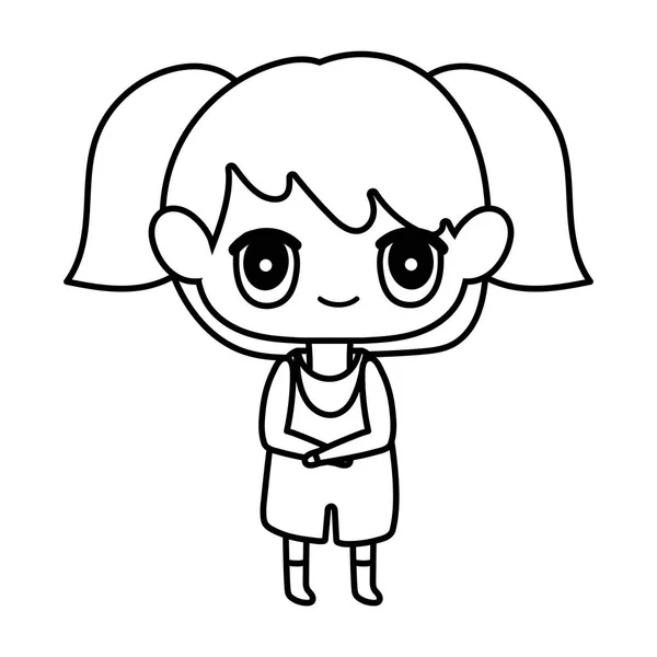 Kids, cute little girl anime cartoon character thick line — Stockvector