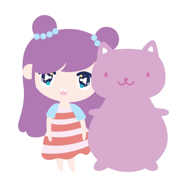 Kids, cute little girl anime cartoon and cat — стоковый вектор