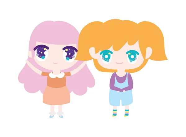 Kids, cute little girls anime cartoon characters — Stok Vektör