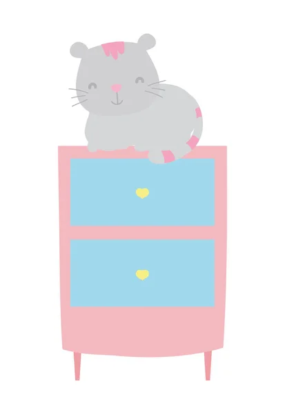 Cute gray cat on drawers furniture cartoon — ストックベクタ