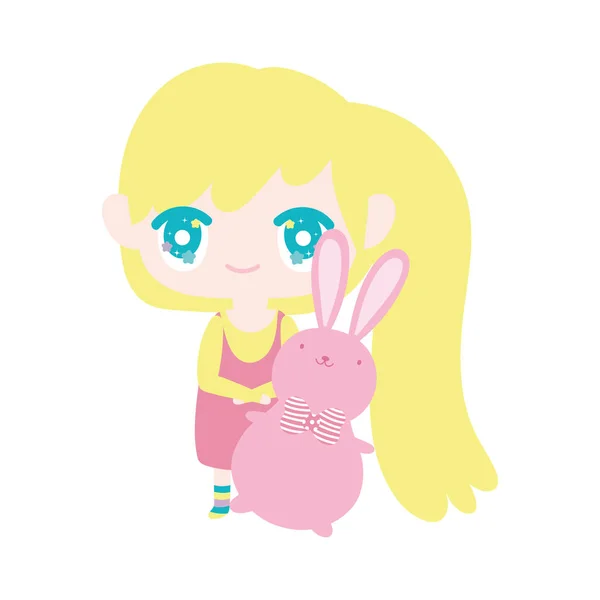 Kids, cute little girl anime cartoon holding bunny — Vector de stock