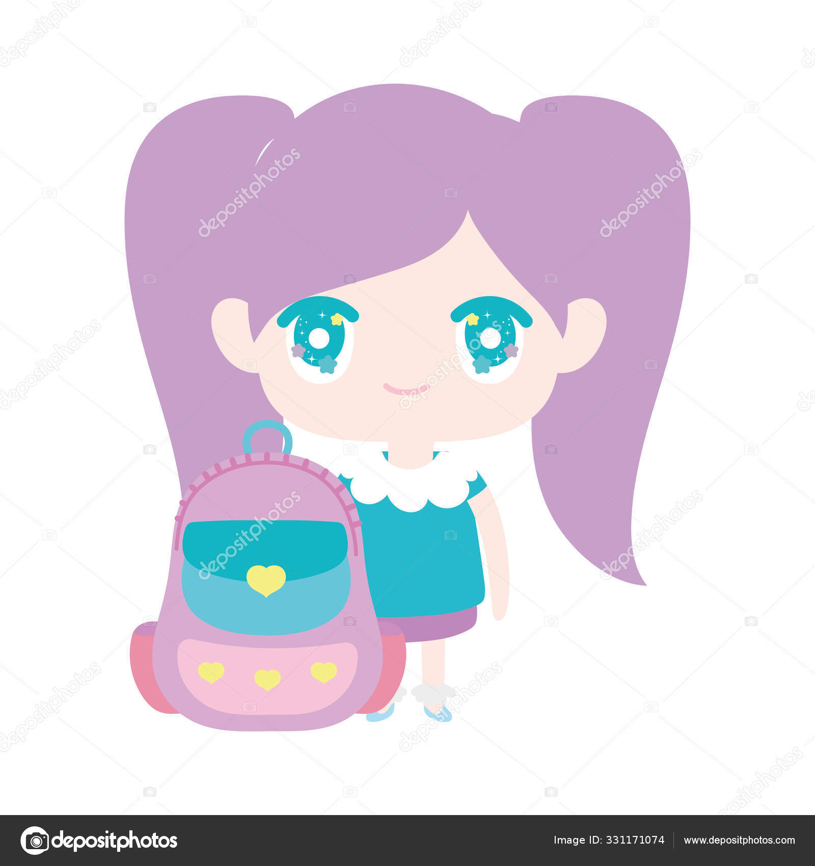 Kids, cute little girl anime cartoon with school backpack Vector