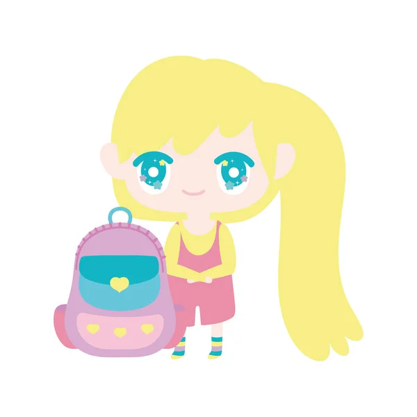 Kids, cute little girl anime cartoon with backpack — 图库矢量图片