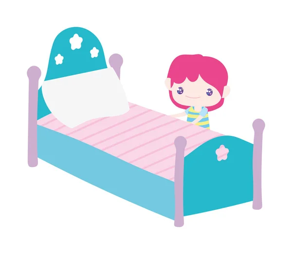Cute little boy cartoon and bed with pillow — Stock vektor