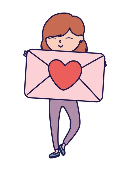 Happy valentines day smiling woman with envelope message card — Διανυσματικό Αρχείο