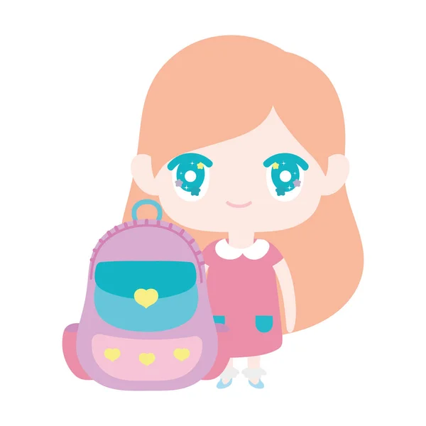 Kids, cute little girl anime cartoon with school backpack — Stock Vector