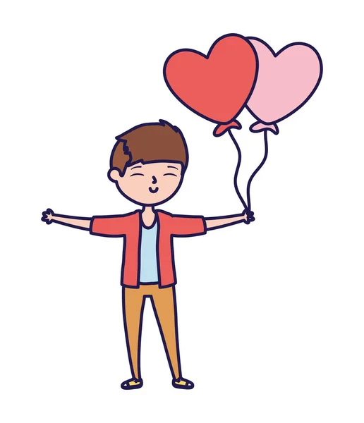 Happy valentines day young boy with balloon heart love card — Stock Vector