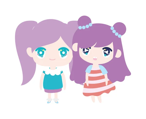 Kids, cute little girls anime cartoon characters — Stockvector