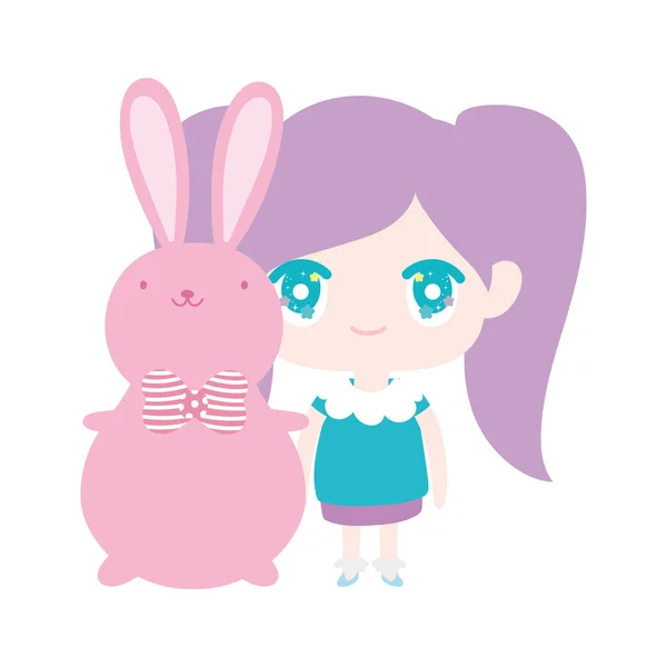Kids, cute little girl anime cartoon and cute rabbit — Stok Vektör