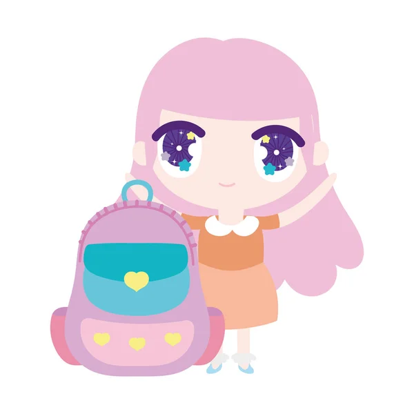 Kids, cute little girl anime cartoon with backpack — Stok Vektör