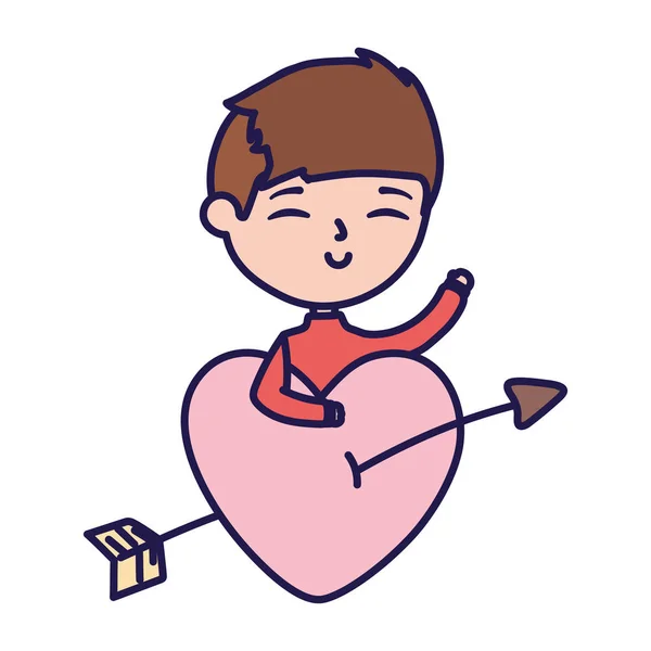 Happy valentines day young boy with pierced heart arrow — Archivo Imágenes Vectoriales