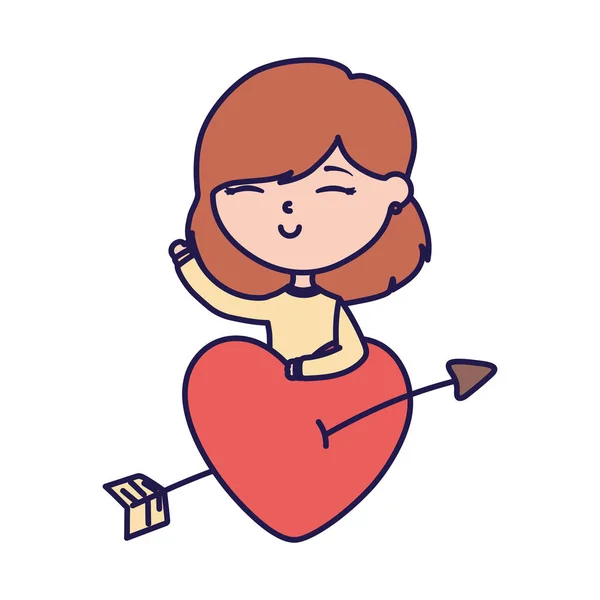 Happy valentines day young girl with pierced heart arrow love — Wektor stockowy