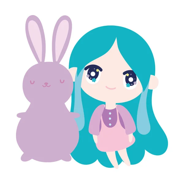 Kids, cute little girl anime cartoon bunny — Vector de stock