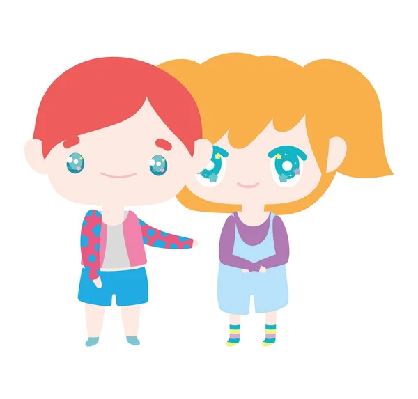 Kids, little girl and boy anime cartoon characters — Stockvektor