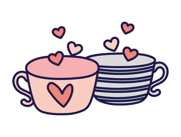 Happy valentines day lovely coffee cups hearts card — стоковый вектор