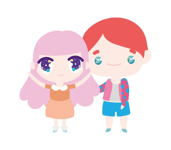 Kids, little girl and boy anime cartoon characters — Stock vektor