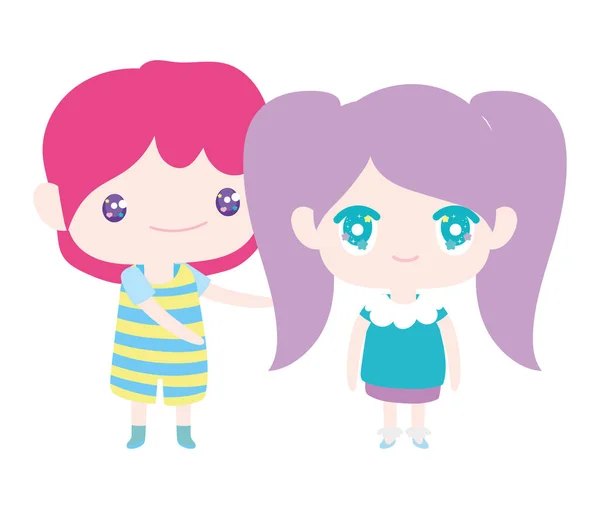 Kids, little girl and boy anime cartoon characters — Vector de stock