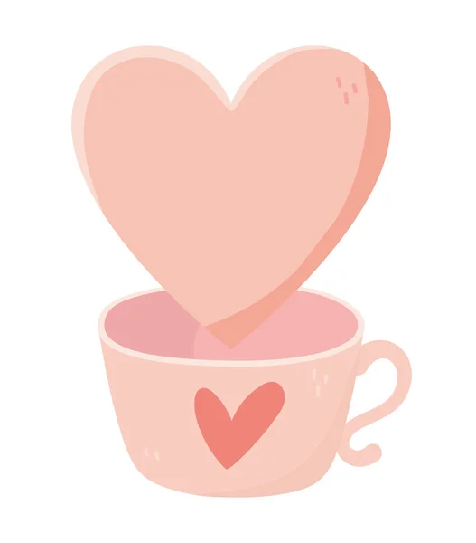 สุขสันต์วันวาเลนไทน์ ถ้วยกาแฟสีชมพู ความรักและหัวใจ — ภาพเวกเตอร์สต็อก