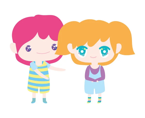 Kids, little girl and boy anime cartoon characters — Vector de stock