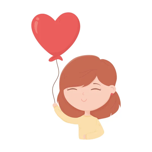 Happy valentines day young girl with balloon heart love card — Stok Vektör