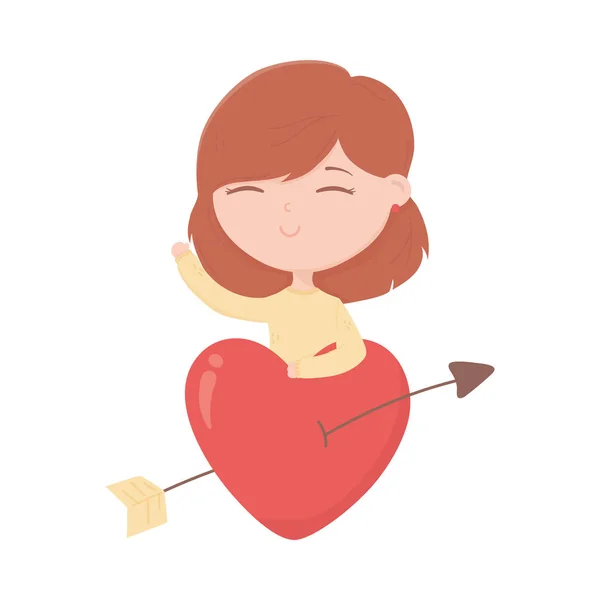 Happy valentines day young girl with balloon heart love card — Διανυσματικό Αρχείο