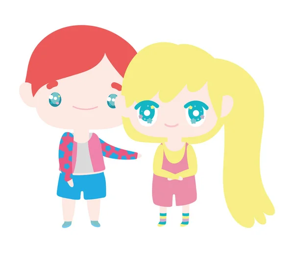 Kids, little girl and boy anime cartoon characters — Διανυσματικό Αρχείο
