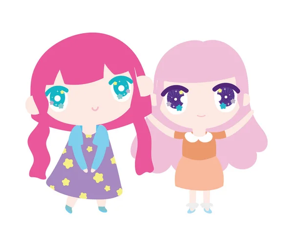 Kids, cute little girls anime cartoon characters — Διανυσματικό Αρχείο