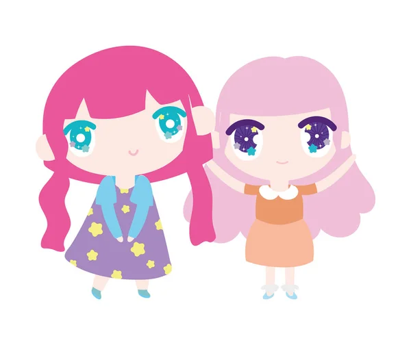 Kids, cute little girls anime cartoon characters — Vector de stock